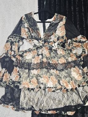 Floral Lace Tiered Maxi Dress - Black with Peach & Cream Roses